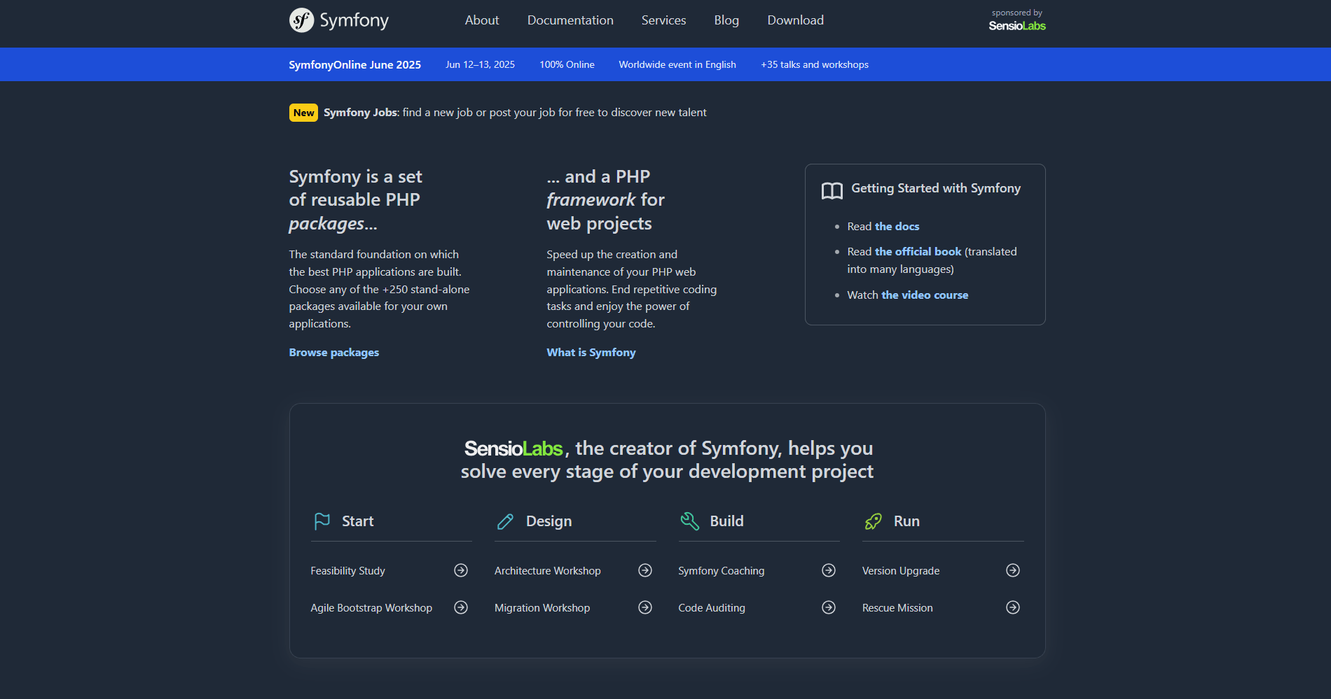 Главная страница официального сайта фреймворка Symfony