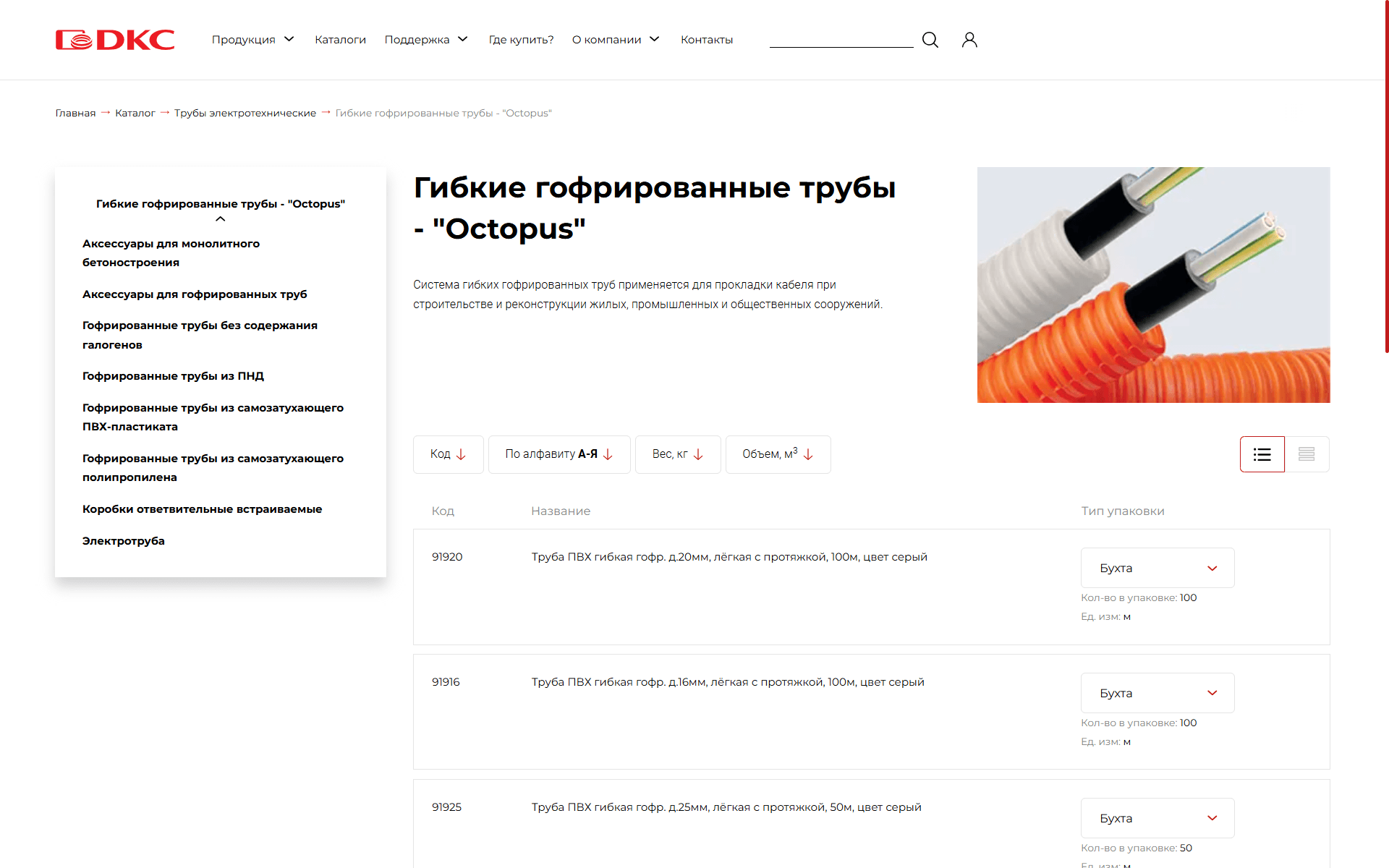 Страница с типами (вариантами) товара