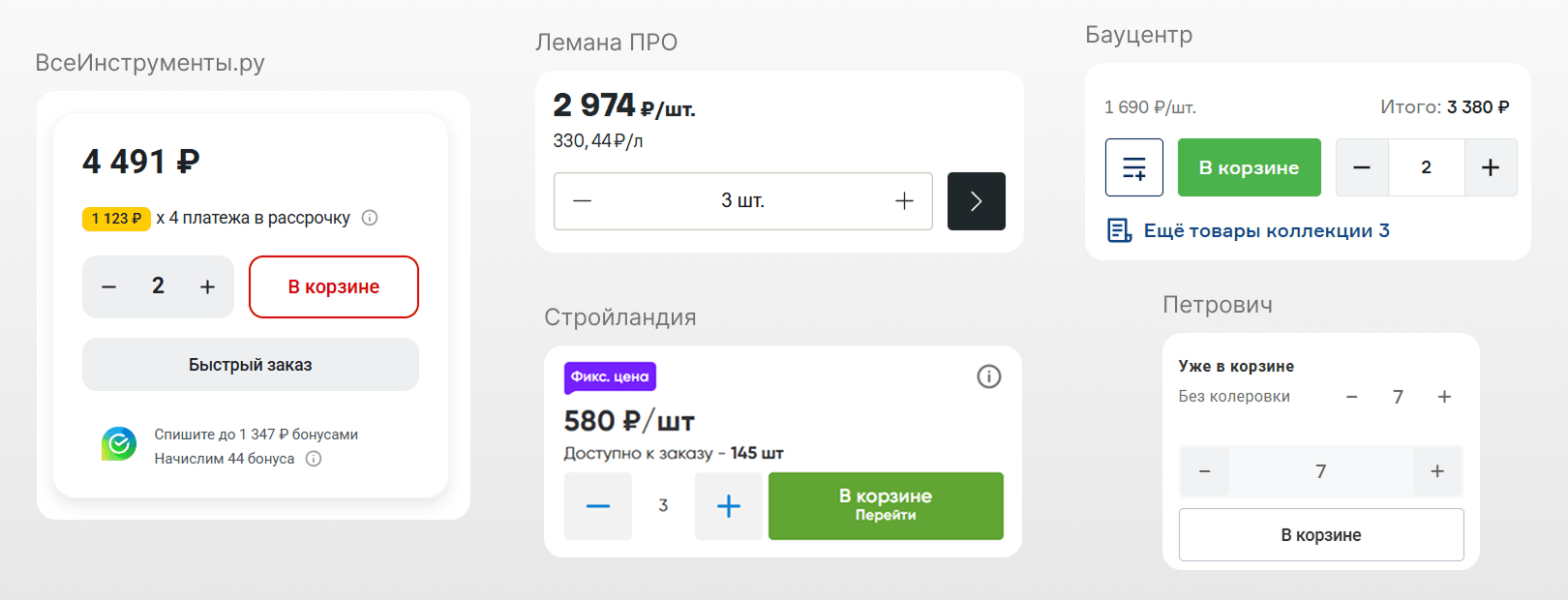 Примеры элементов из блока заказа, когда товар уже добавлен в корзину